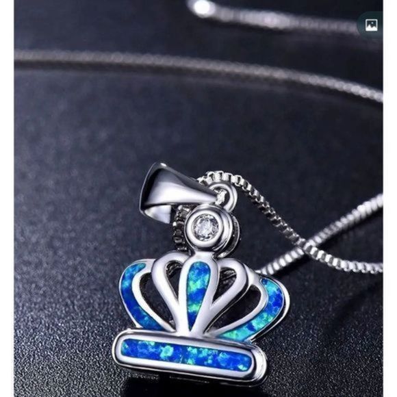 BLUE OPAL N SILVER CROWN NECKLACE - Picture 2 of 9